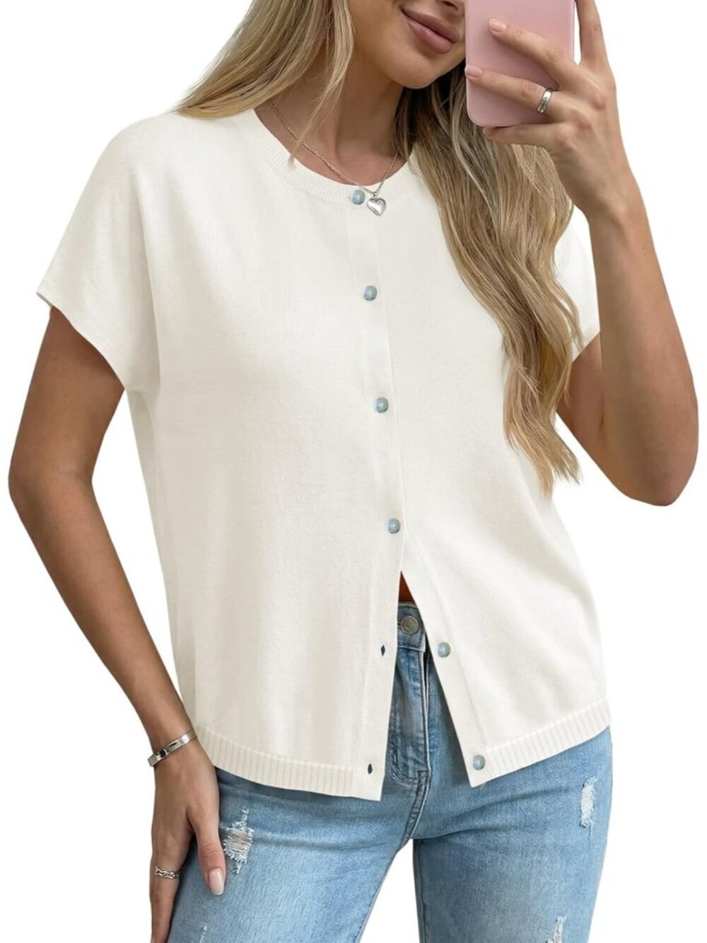 Women's White Short Sleeve Crew Neck Button Down Imported Cardigans Sweaters
